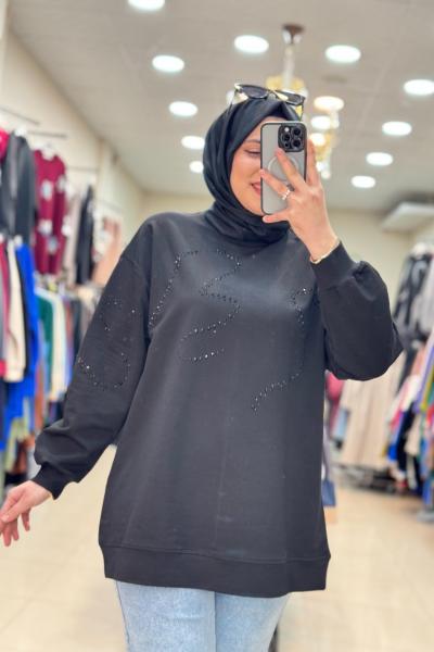 İKOLL TAŞ DETAYLI SWEATSHIRT Siyah