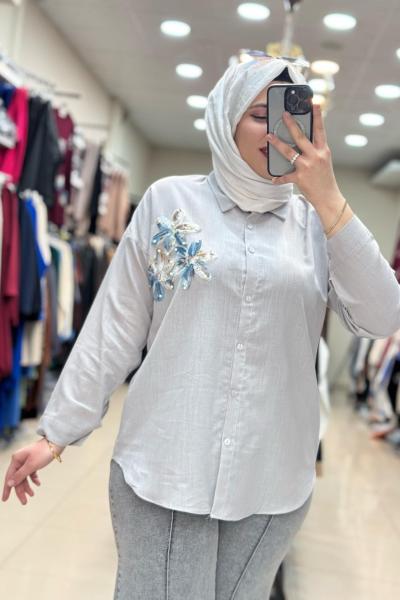 KETEN ÇİÇEK GÖMLEK  Gri