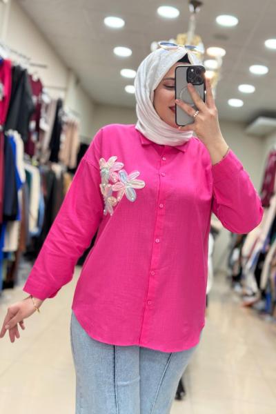 KETEN ÇİÇEK GÖMLEK  Fuşya