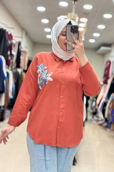 KETEN ÇİÇEK GÖMLEK  Kiremit