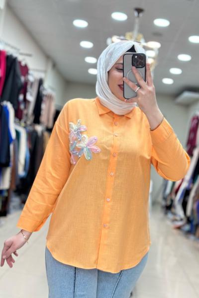 KETEN ÇİÇEK GÖMLEK  Turuncu