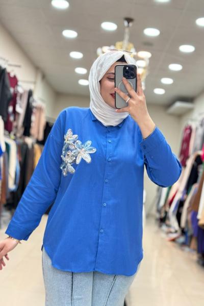 KETEN ÇİÇEK GÖMLEK  Mavi