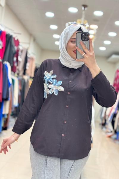 KETEN ÇİÇEK GÖMLEK  Acı Kahve