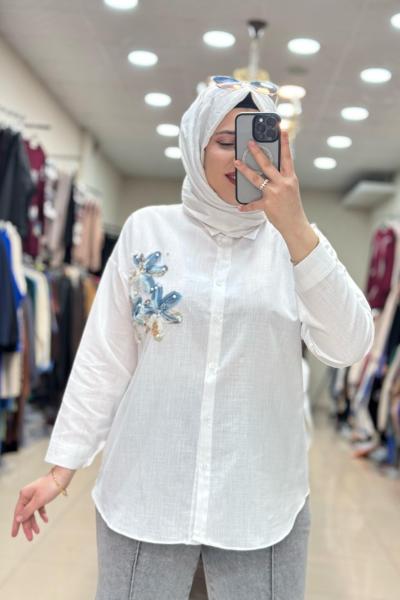 KETEN ÇİÇEK GÖMLEK  Beyaz