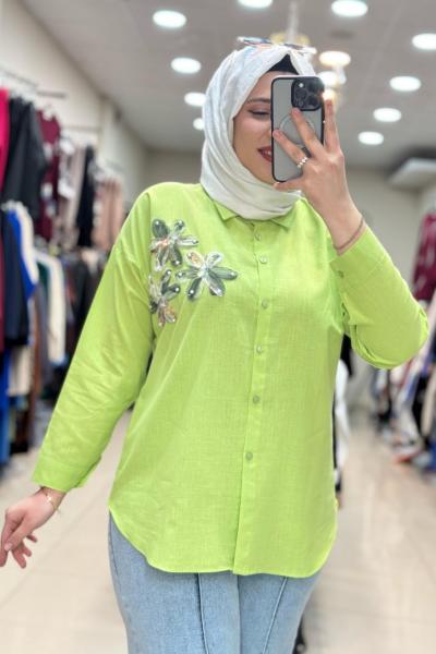 KETEN ÇİÇEK GÖMLEK  Yeşil