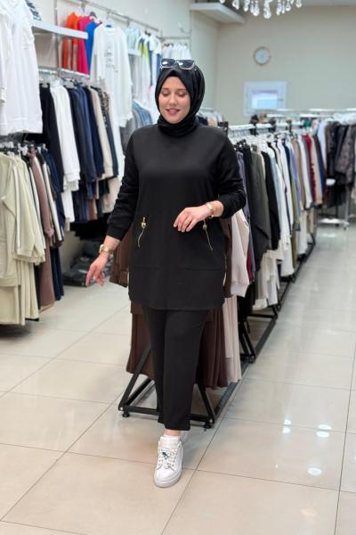 KOLU DANTEL İŞLEMELİ OYSHO TAKIM Siyah