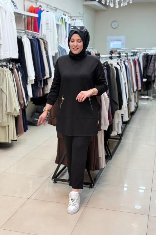 KOLU DANTEL İŞLEMELİ OYSHO TAKIM Siyah