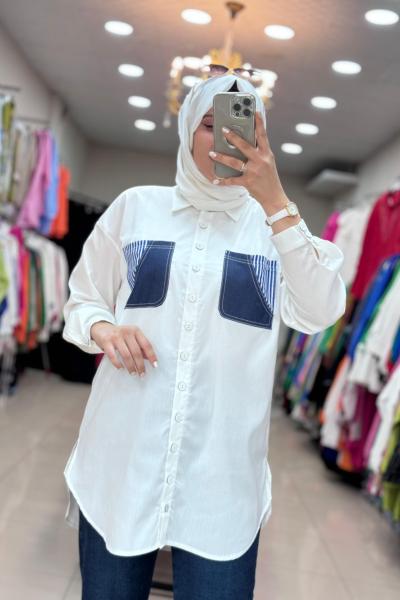 Kot ve Çizgi Cepli Tunik Ekru