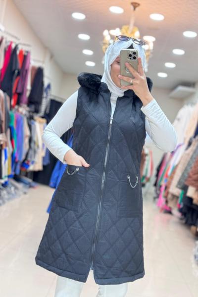 KÜRKLÜ GÜNER ŞİŞME YELEK  Siyah