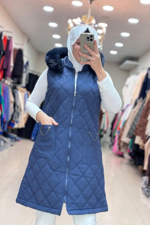 KÜRKLÜ GÜNER ŞİŞME YELEK Lacivert