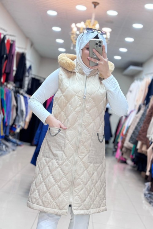 KÜRKLÜ GÜNER ŞİŞME YELEK Bej