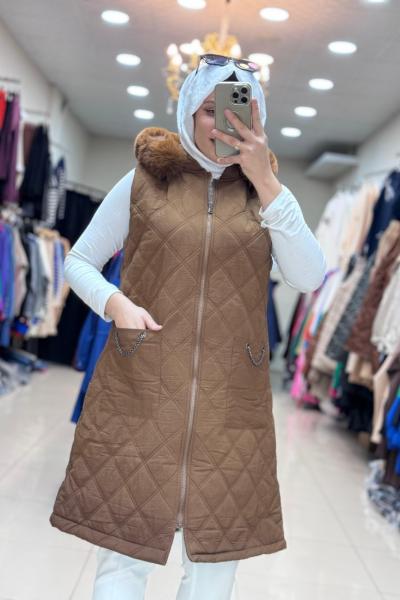 KÜRKLÜ GÜNER ŞİŞME YELEK Kahverengi