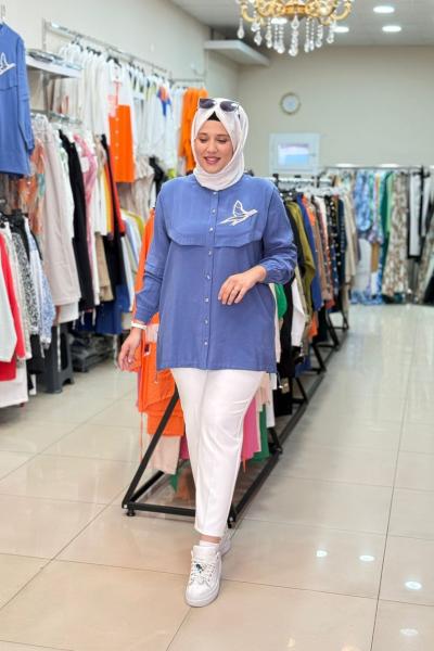 KUŞ TAŞ İŞLEMELİ GÖMLEK  Mavi