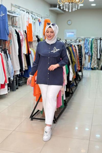 KUŞ TAŞ İŞLEMELİ GÖMLEK  Lacivert