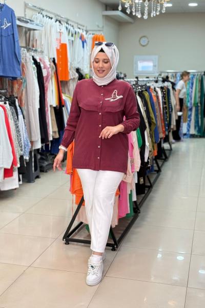 KUŞ TAŞ İŞLEMELİ GÖMLEK  Bordo