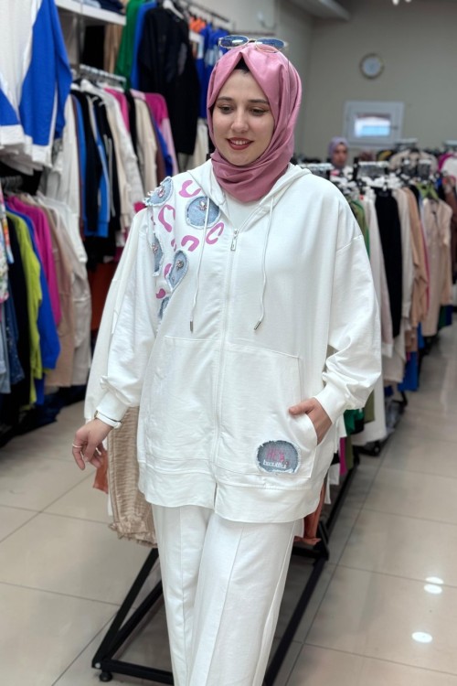 LEOPAR BASKILI TAKIM Beyaz