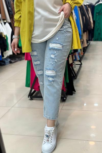 Loreen Yırtık-Boncuklu Kot  BUZ MAVİ