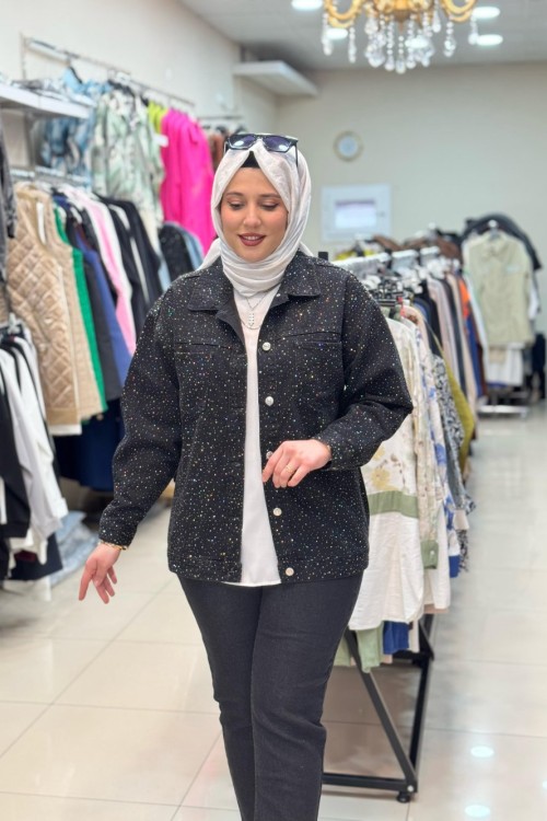 NOQTA DENİM TAŞLI KOT CEKET Siyah