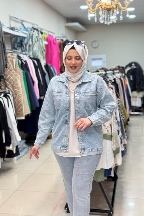 NOQTA DENİM TAŞLI KOT CEKET BUZ MAVİ