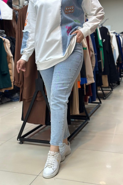 Noshe Likralı Dağınık Taşlı Kot Buz Mavi BUZ MAVİ