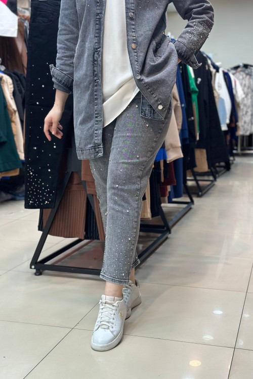 Noshe Likralı Dağınık Taşlı Kot Füme Füme