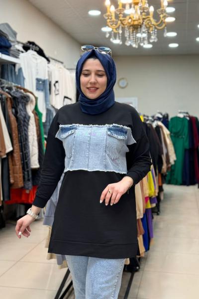 Önü Kotlu Sweat  Siyah