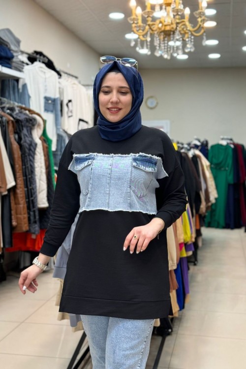 Önü Kotlu Sweat  Siyah