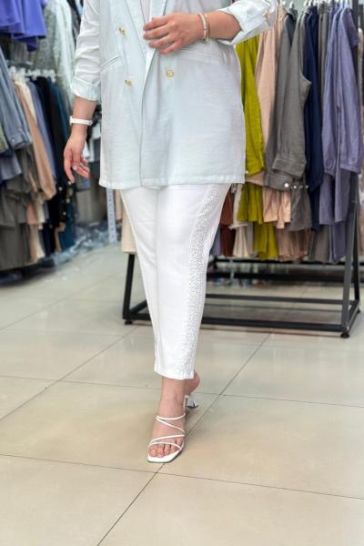 Paça Boydan Taşlı Kot  Beyaz Beyaz