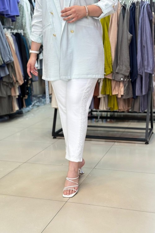 Paça Boydan Taşlı Kot  Beyaz Beyaz