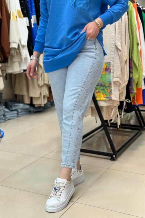 Paça Boydan Taşlı Kot  Buz Mavi BUZ MAVİ