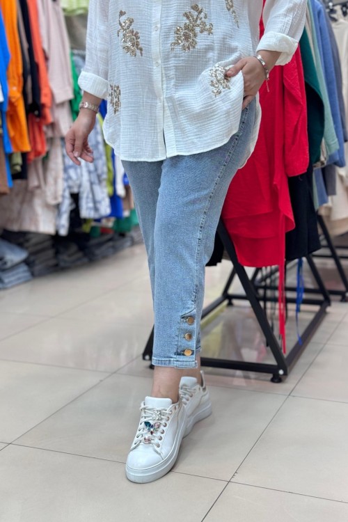 PAÇASI DÜĞMELİ PANTOLON  BUZ MAVİ