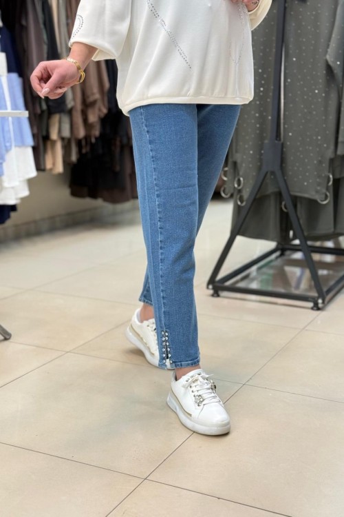 Paçası Taşlı Pantolon Mavi