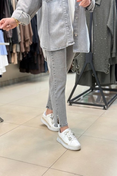 Paçası Taşlı Pantolon Füme