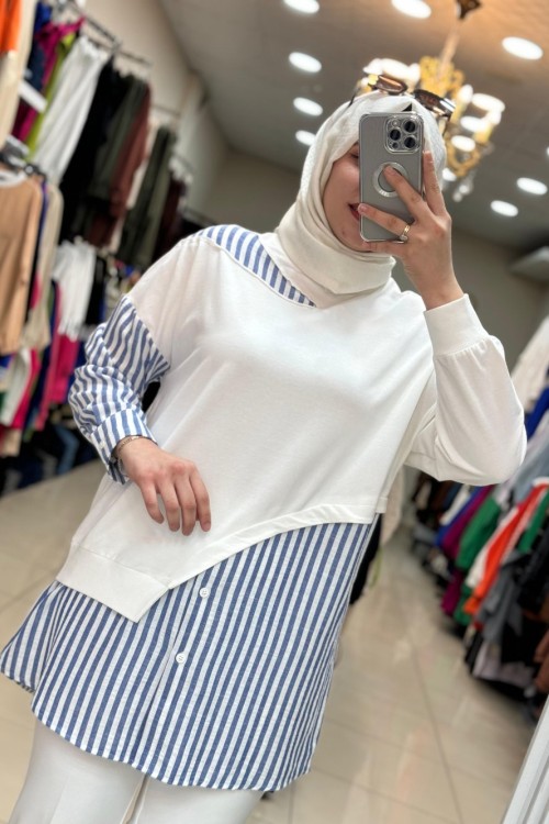10452 Puane Çizgili Tunik Mavi Mavi