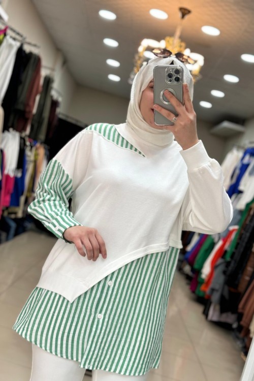 Puane Çizgili Tunik Yeşil Yeşil