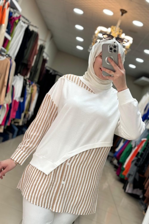 Puane Çizgili Tunik Kahve Kahverengi