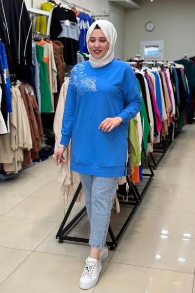 Puane  Sağ Omzu İşlemeli Tunik Mavi Mavi