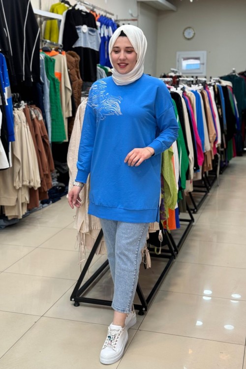 Puane  Sağ Omzu İşlemeli Tunik Mavi Mavi