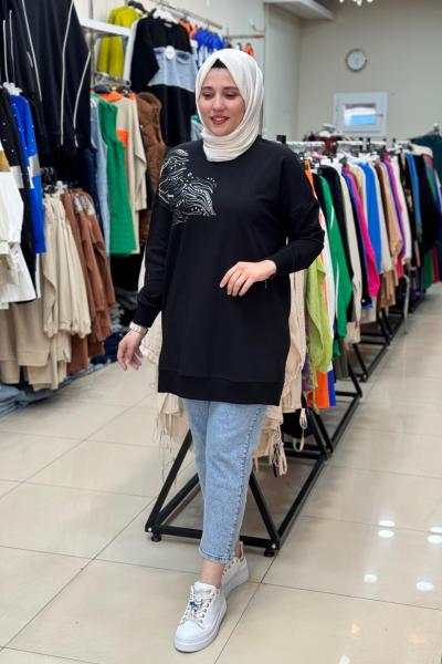 Puane  Sağ Omzu İşlemeli Tunik Siyah Siyah