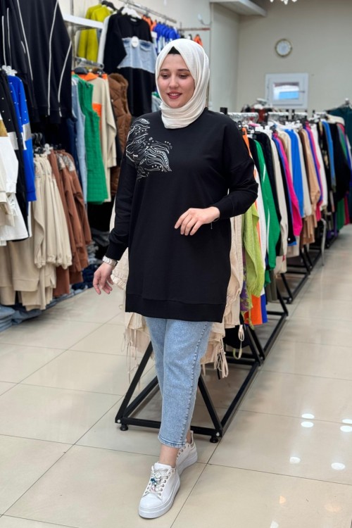 Puane  Sağ Omzu İşlemeli Tunik Siyah Siyah