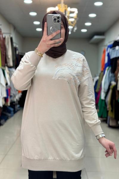 Puane  Sağ Omzu İşlemeli Tunik Taş Taş Rengi