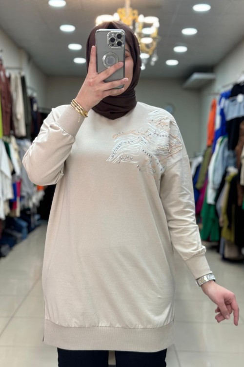 Puane  Sağ Omzu İşlemeli Tunik Taş Taş Rengi