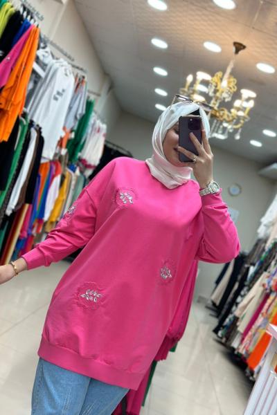 Puane Taşlı Sweatshırt Pembe Pembe