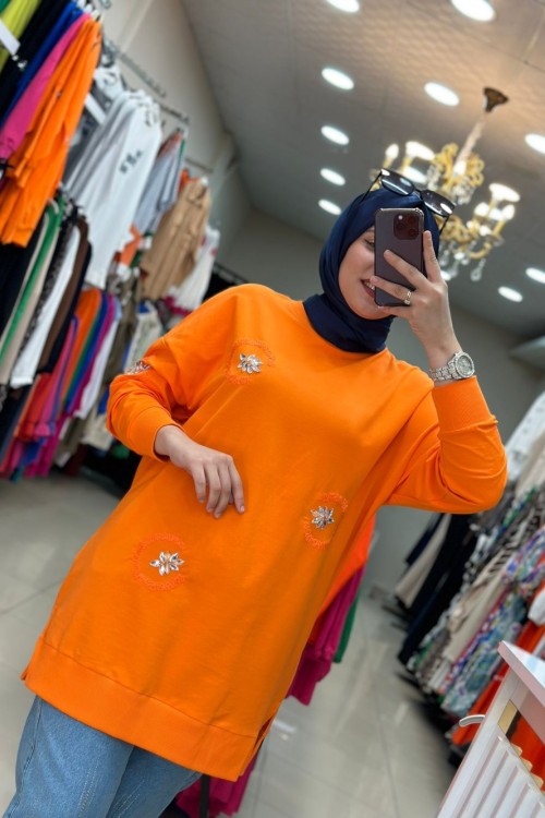 Puane Taşlı Sweatshırt Turuncu Turuncu