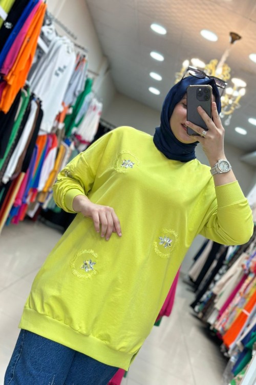 Puane Taşlı Sweatshırt Yağ Yeşili  Yağ Yeşili