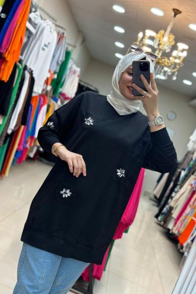 Puane Taşlı Sweatshırt Siyah Siyah