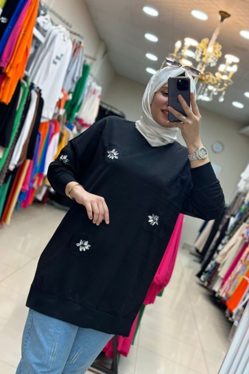 Puane Taşlı Sweatshırt Siyah Siyah