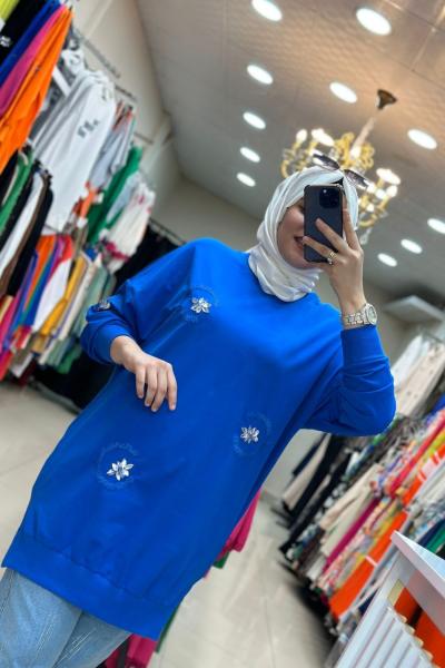 Puane Taşlı Sweatshırt Saks Mavi Saks Mavisi