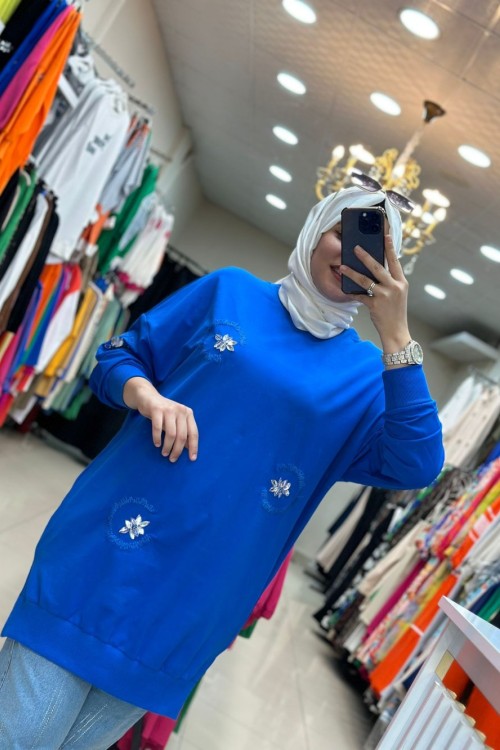 Puane Taşlı Sweatshırt Saks Mavi Saks Mavisi