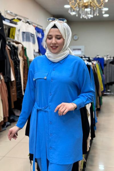 Puane Yandan Bağlamalı Takim Mavi Mavi